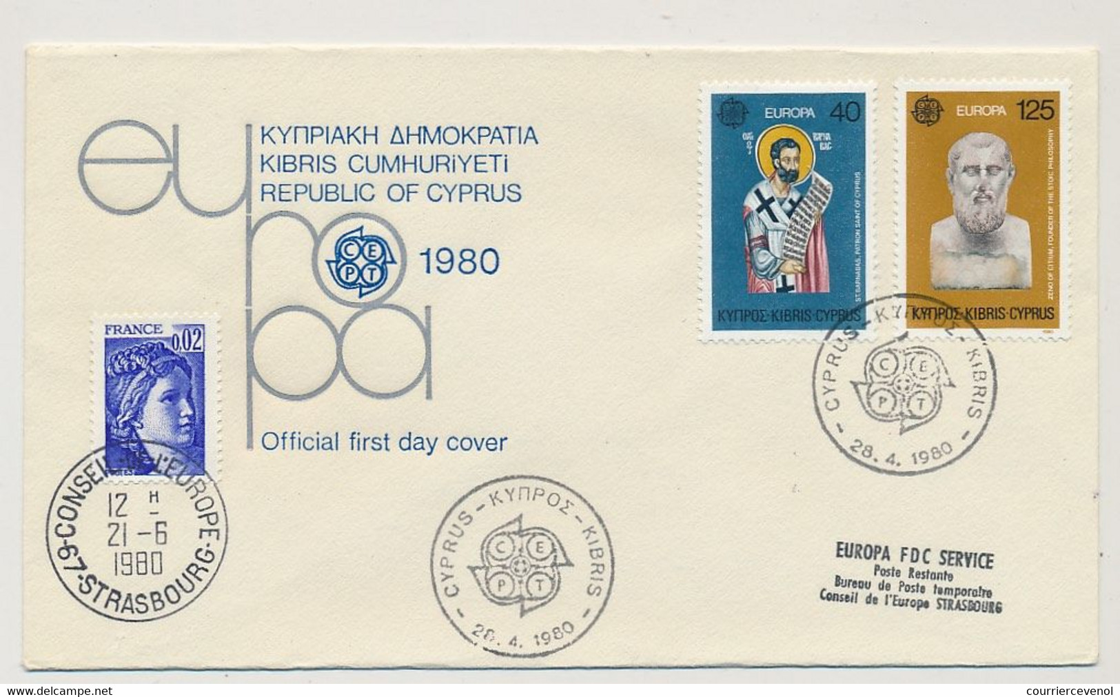 CHYPRE / FRANCE - Env FDC - Europa 1980 - 28/4/1980 + Cachet Conseil De L'Europe 21/6/1980 - Covers & Documents