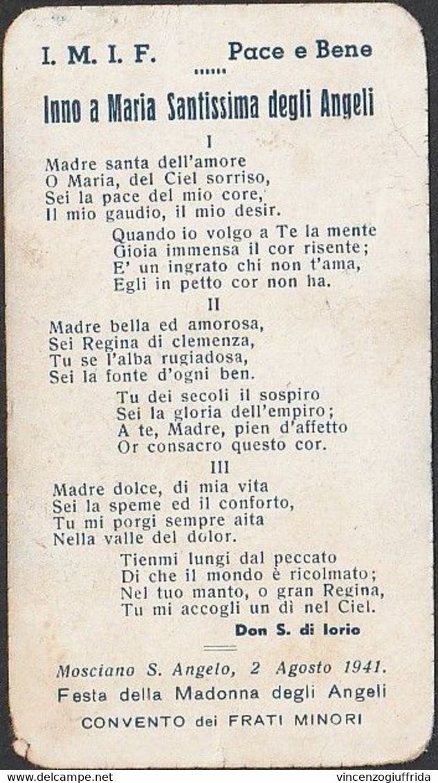 HOLY CARD -SANTINO I.M.I.F. Pace E Bene Inno A Maria Santissima Degli Angeli 1941 - Santini