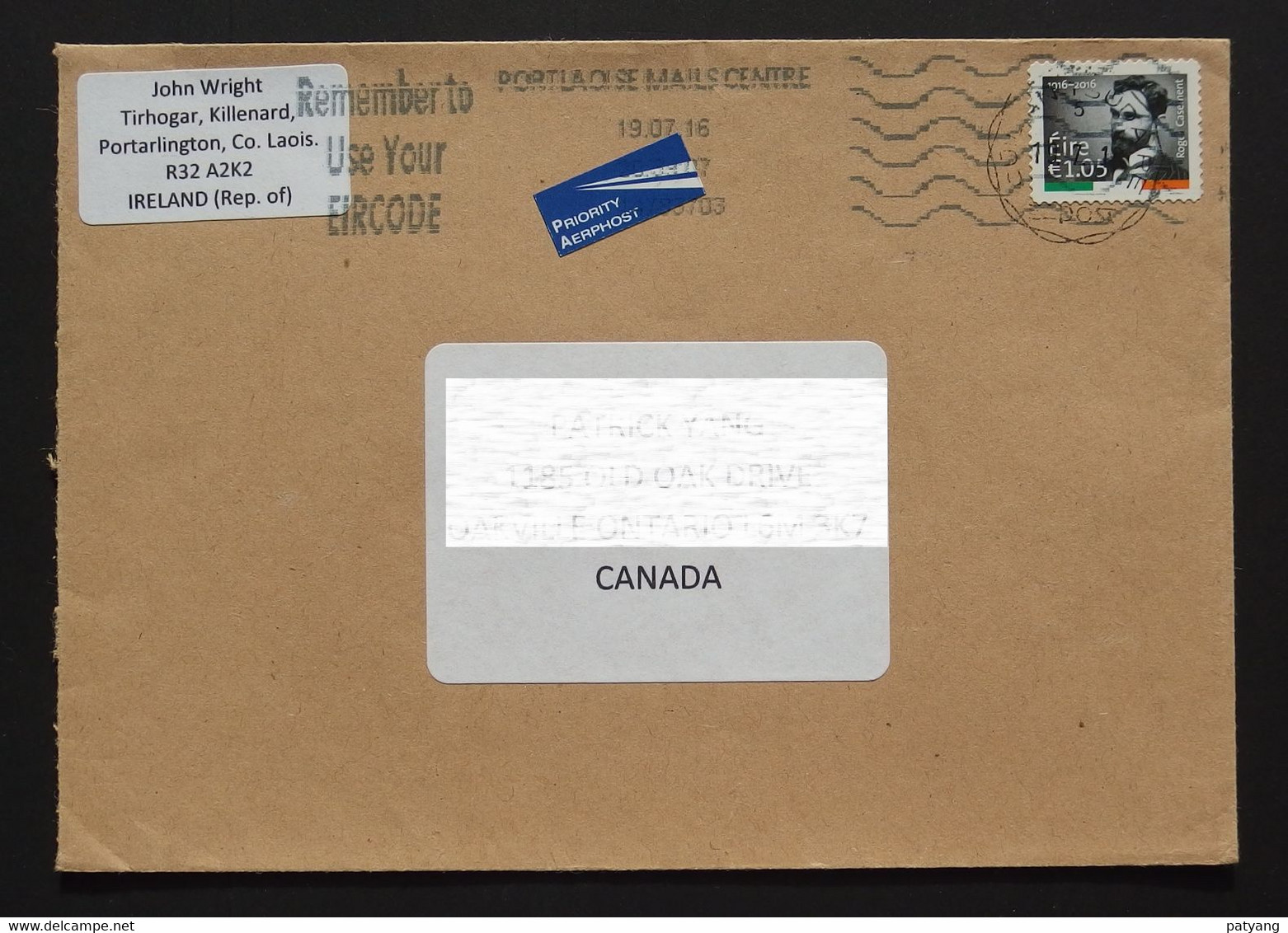 2016 Ireland To Canada Cover - Cartas & Documentos