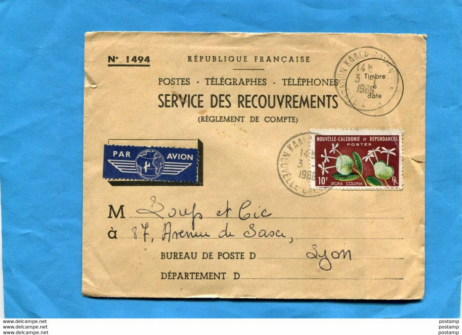 Marcophilie*-lettre " SERVICE"RECOUVREMENT "" N°1494- Nouvelle Calédonie>Françe-cad-KAALA1963-  Stamp  N °293 - Covers & Documents