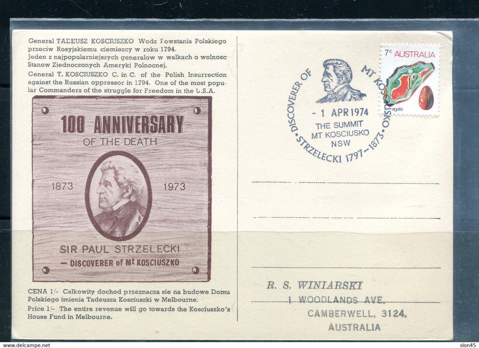 Australia 1974 Post Card Gen T. Kosciuszko 100yr Anniv Of Sir Paul Strzelecki 12802 - Servizio