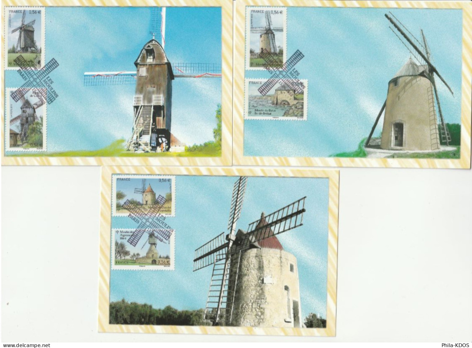 2010 " LES MOULINS " Sur 3 Cartes Maximum. N° YT 4485 à 4490. CM - Windmills