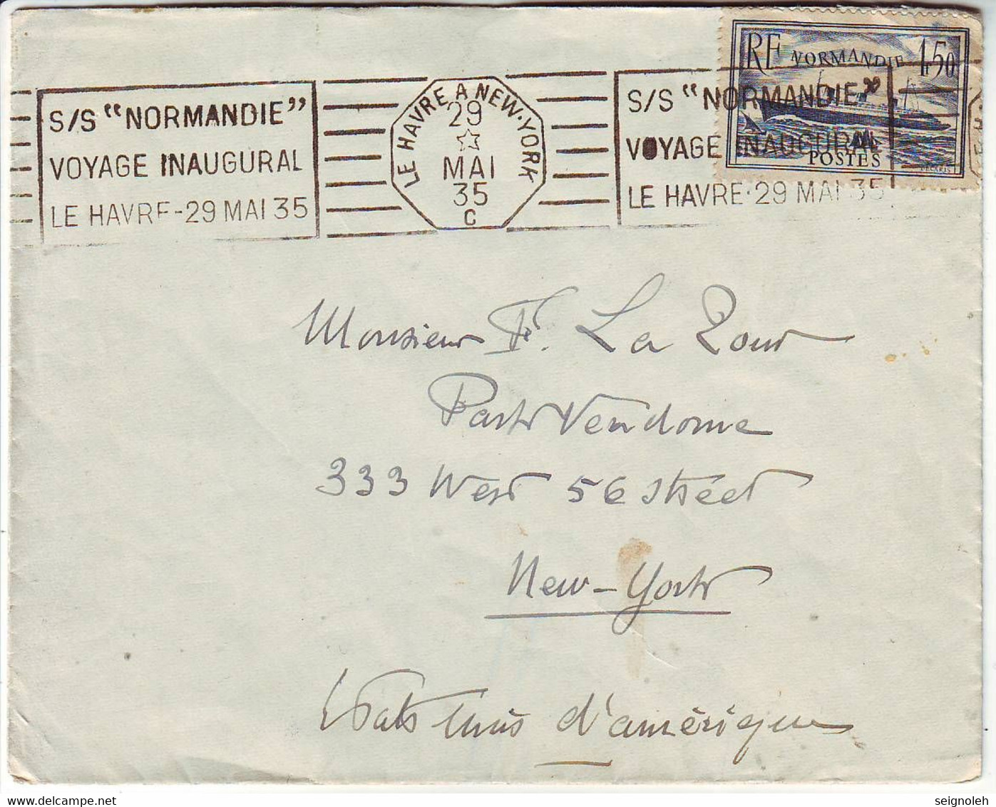 VOYAGE INAUGURAL Du NORMANDIE LE HAVRE A NEW YORK Lettre N° 299 Obl  Du 29 Mai 1935 - 1921-1960: Periodo Moderno