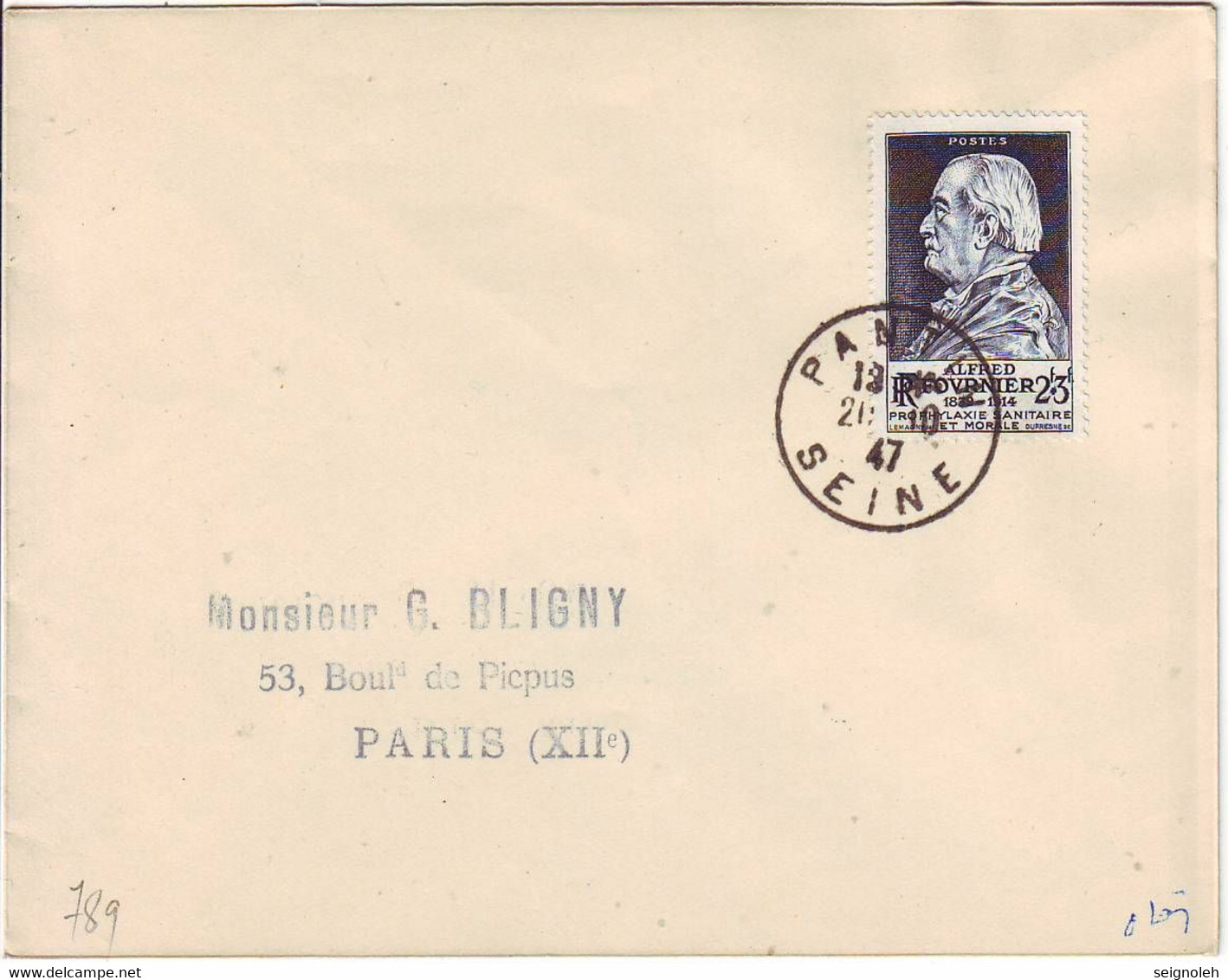 ALFRED FOURNIER N° 789 Obl PANTIN 20 Octobre 1947 LETTRE PREMIER JOUR , RARE , Signee MAYER - 1921-1960: Moderne