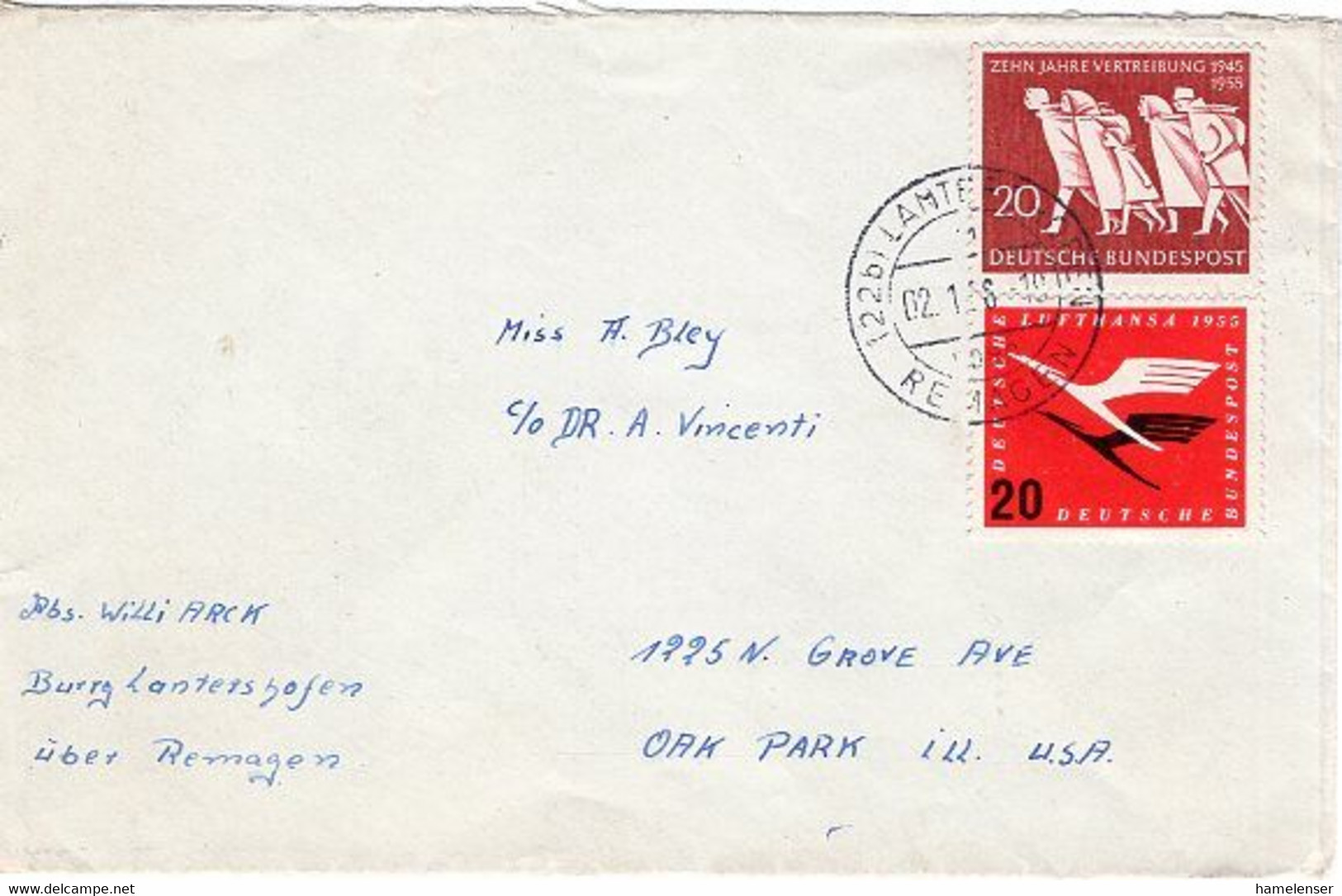 51962 - Bund - 1956 - 20Pfg 10 Jahre Vertreibung MiF A Bf LAMTERSHOFEN -> Oak Par, IL (USA) - Covers & Documents