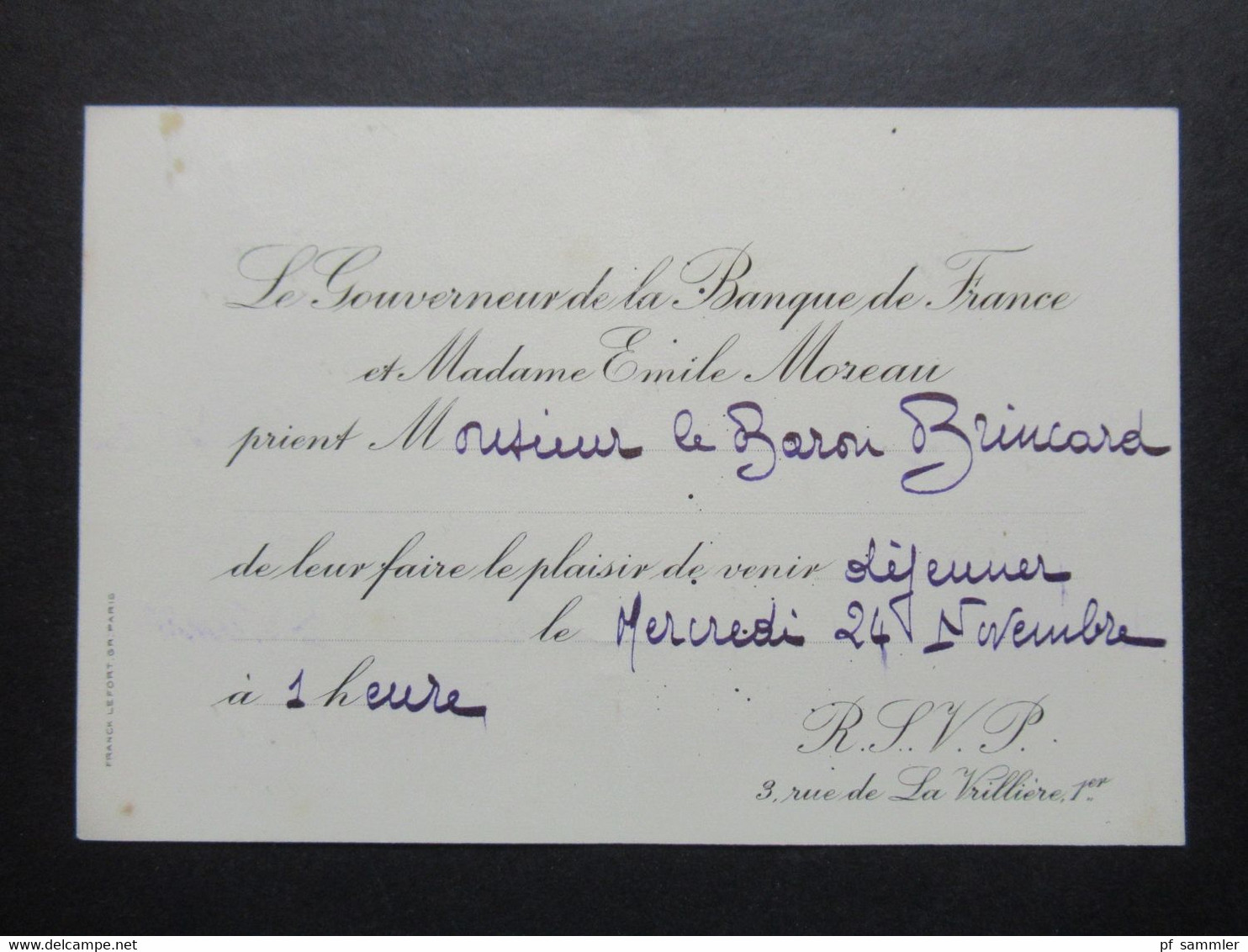 Frankreich 1920er Jahre Einladung Dejeuner Vom Governeur De La Banque De France Et Madame Emile Moreau - Toegangskaarten