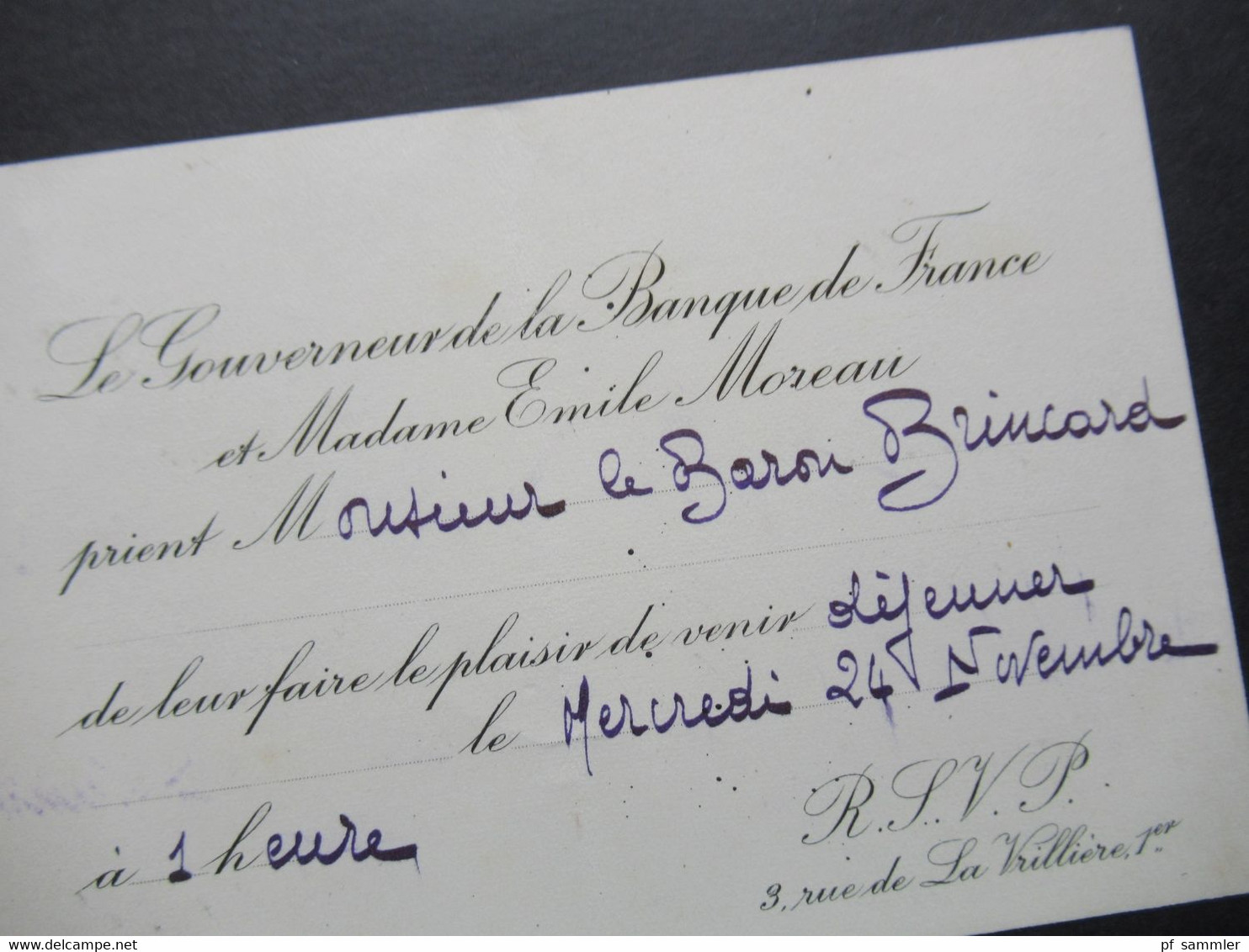 Frankreich 1920er Jahre Einladung Dejeuner Vom Governeur De La Banque De France Et Madame Emile Moreau - Tickets D'entrée