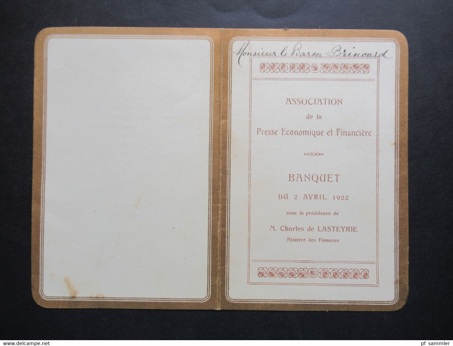 1922 Association De La Presse Economique Et Financiere Zum Banquet Sous La Presidence De M. Charles De Lasteyrie - Menus