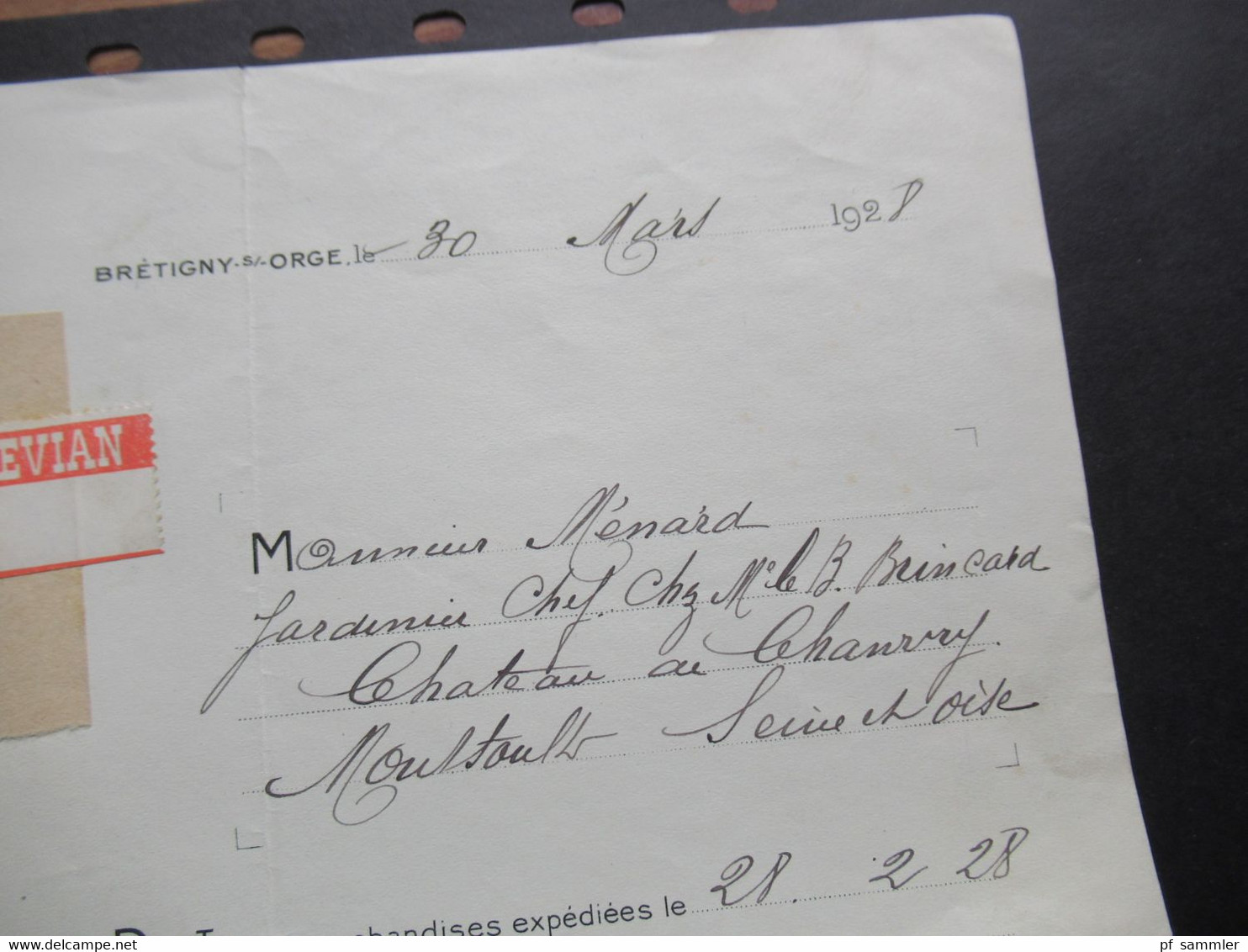 Frankreich 1928 Rechnung Mit Recepisse Du Mandat Befestigt Mit Säerin Bogenrand Evian / Source Cachat - Cartas & Documentos