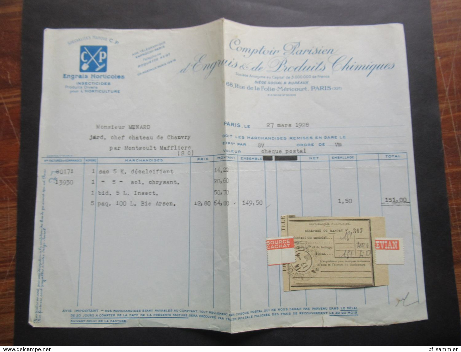 Frankreich 1928 Rechnung Mit Recepisse Du Mandat Befestigt Mit Säerin Bogenrand Evian / Source Cachat - Brieven En Documenten