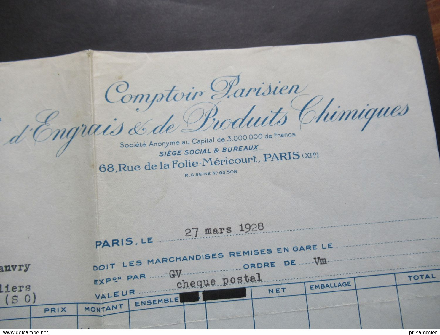 Frankreich 1928 Rechnung Mit Recepisse Du Mandat Befestigt Mit Säerin Bogenrand Evian / Source Cachat - Cartas & Documentos