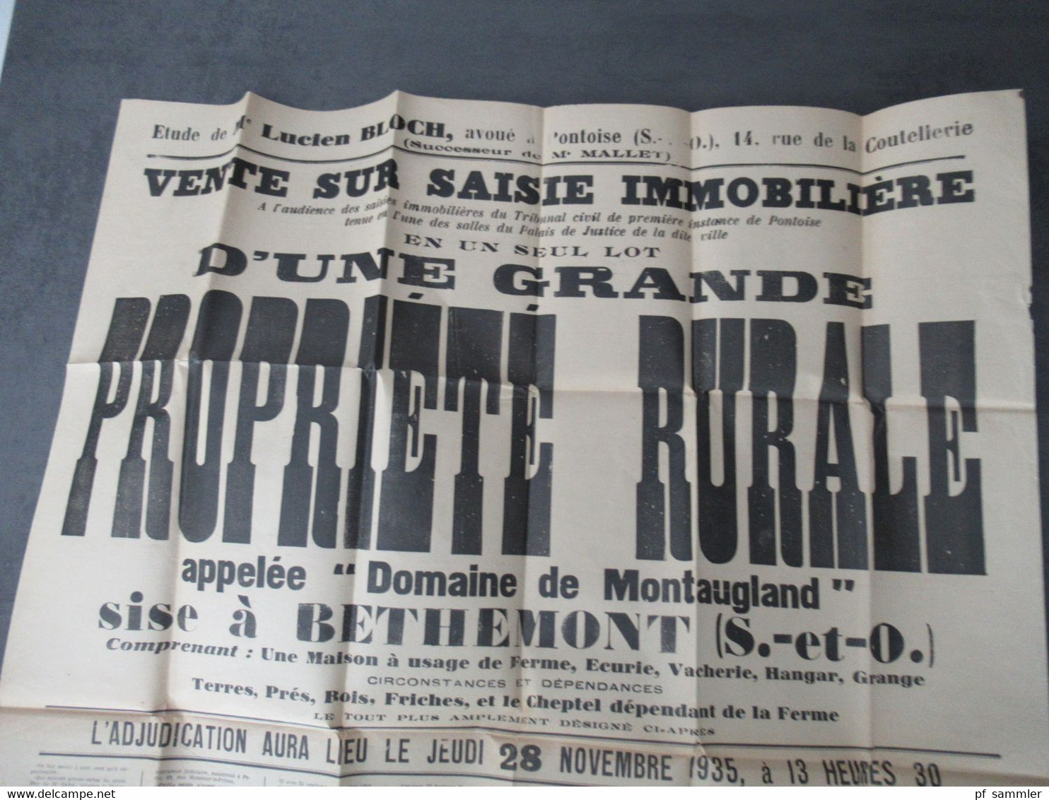 Frankreich 28.11.1935 Original Plakat Vente Immobiliere Propriete Rurale Domaine De Montaugland A Bethemont - Plakate