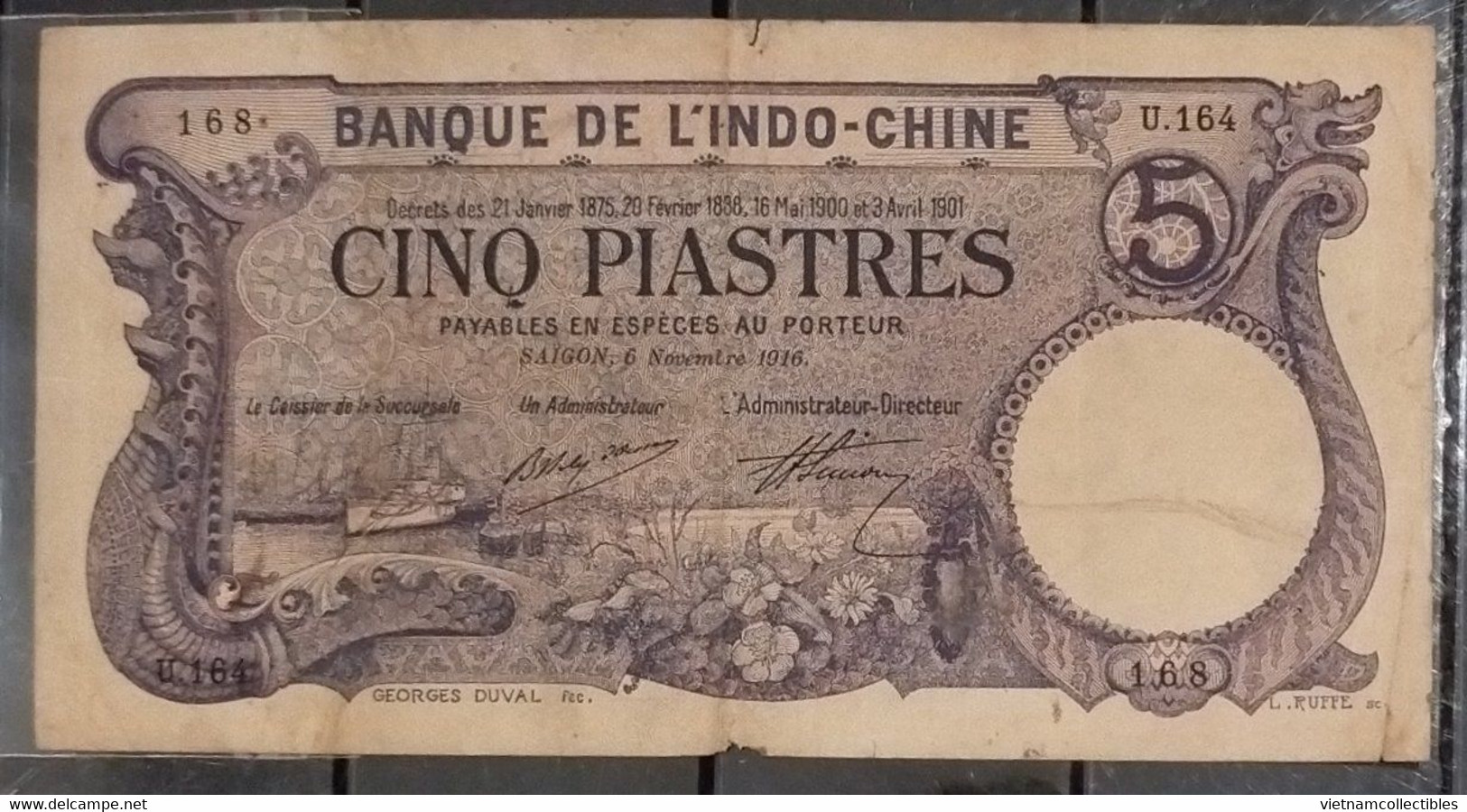 Indochina Indochine Vietnam Viet Nam Laos Cambodia 5 Piastres VF Banknote Note / Billet Nov 6, 1916 - Pick# 37 / 2 Photo - Indochine