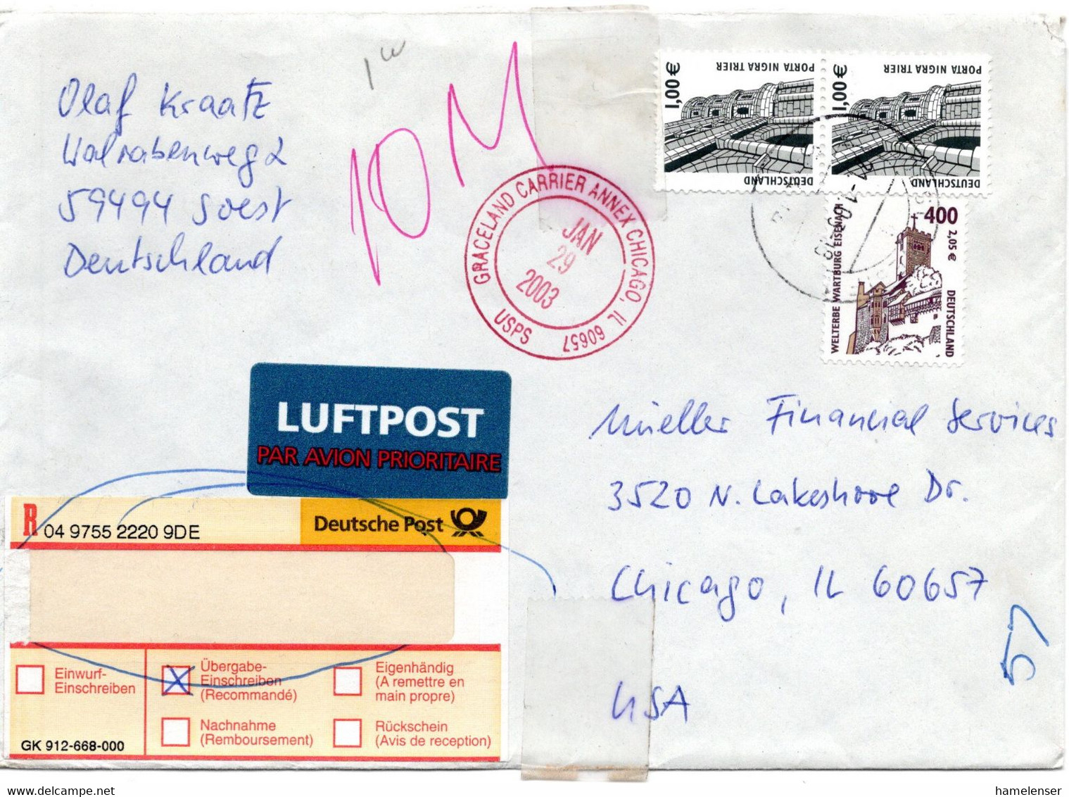 58324 - Bund - 2003 - €2,05/400Pfg SW MiF A R-LpBf SOEST -> GRACELAND CARRIER ANNEX CHICAGO, IL (USA) - Lettres & Documents