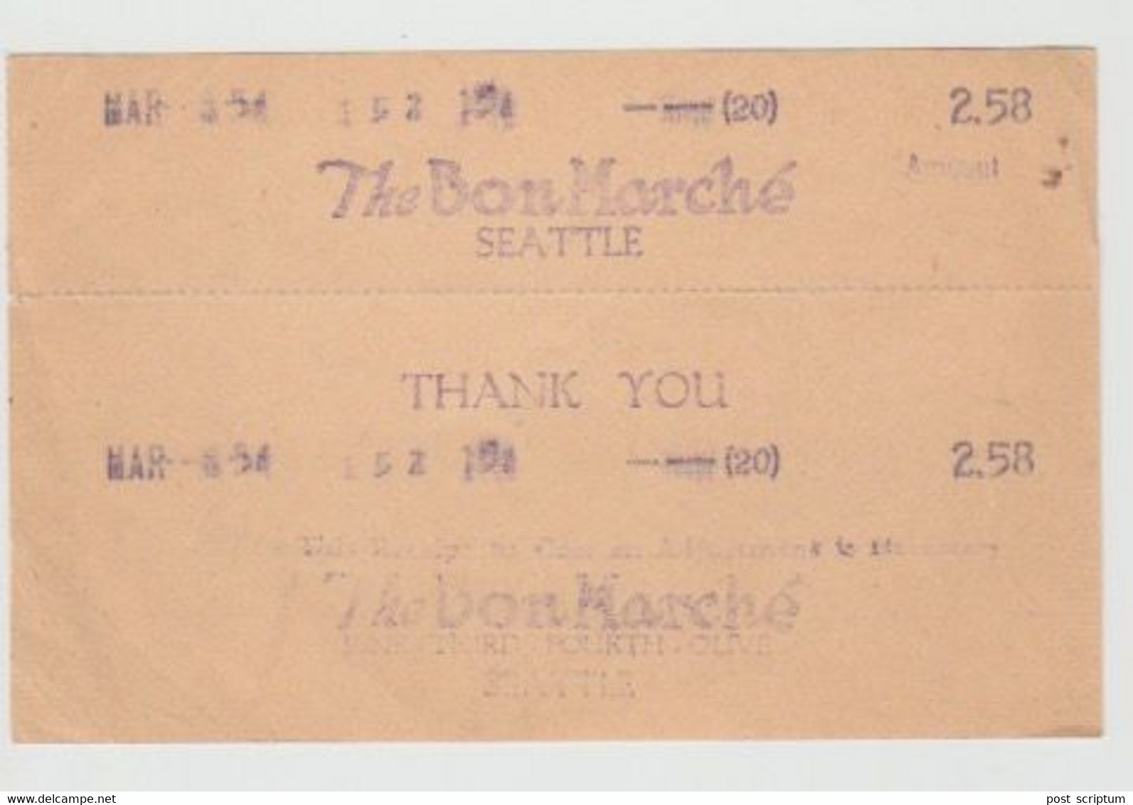 Vieux Papiers - Récipissé Facture The Bon Marché Seattle De 2,58 Dollars - United States