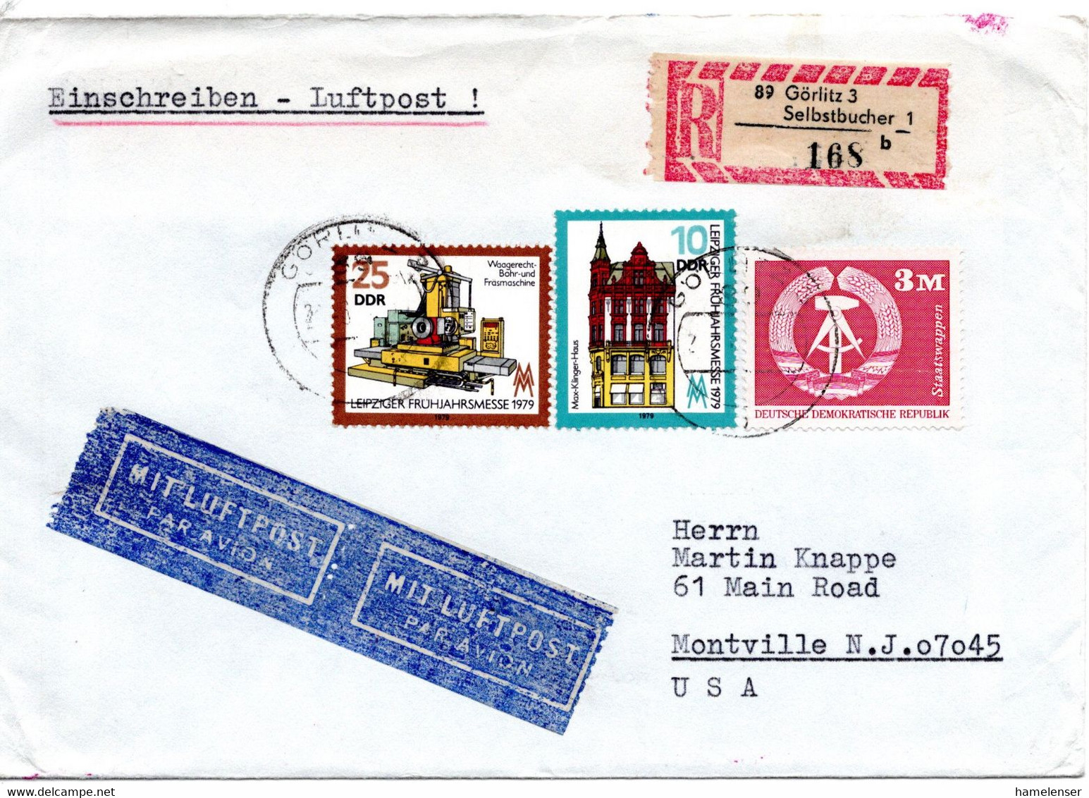 58328 - DDR - 1979 - 3M Gr.Wappen MiF A R-LpBf GOERLITZ -> MONTVILLE, NJ (USA), Rs. Tauschkontrollmarke (Klappe Mgl.) - Cartas & Documentos