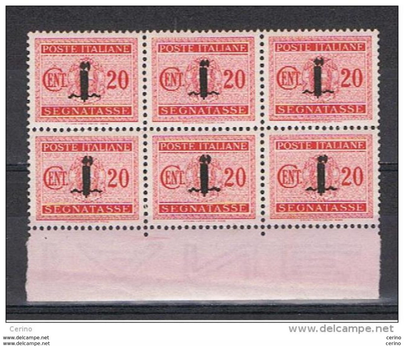 R.S.I.:  1944  TASSE  SOPRASTAMPATI  -  20 C. CARMINIO  BL. 6  N. -  SASS. 62 - Postage Due