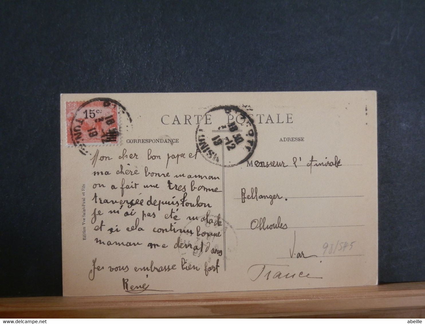 98/545  CP  TUNESIE POUR LA FRANCE 1919 - Cartas & Documentos