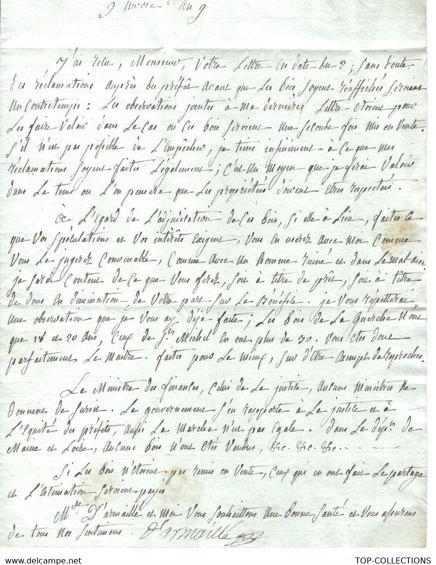 1800 LETTRE Sign. "D'Armaillé"  ADJUDICATION DE BOIS MAINE ET LOIRE HOMME Ruiné MINISTRES FAMINE REVOLUTION ETC - Documentos Históricos