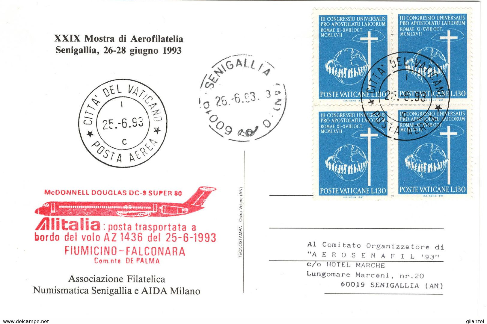 ITALIA VATICANO 1993 SENIGALLIA AEROFILATELIA POSTA AEROTRASPORTATA CON VOLO ALITALIA AEREI ANNULLO CARTOLINA SPECIALE - Philatelic Exhibitions