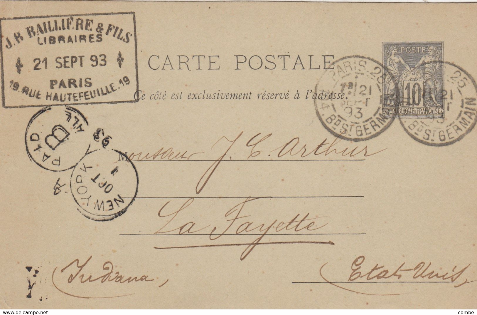 CARTE PRECURSEUR. ENTIER SAGE 10c. 1893. PARIS POUR LAFAYETTE. INDIANA. ETATS-UNIS - 1877-1920: Période Semi Moderne
