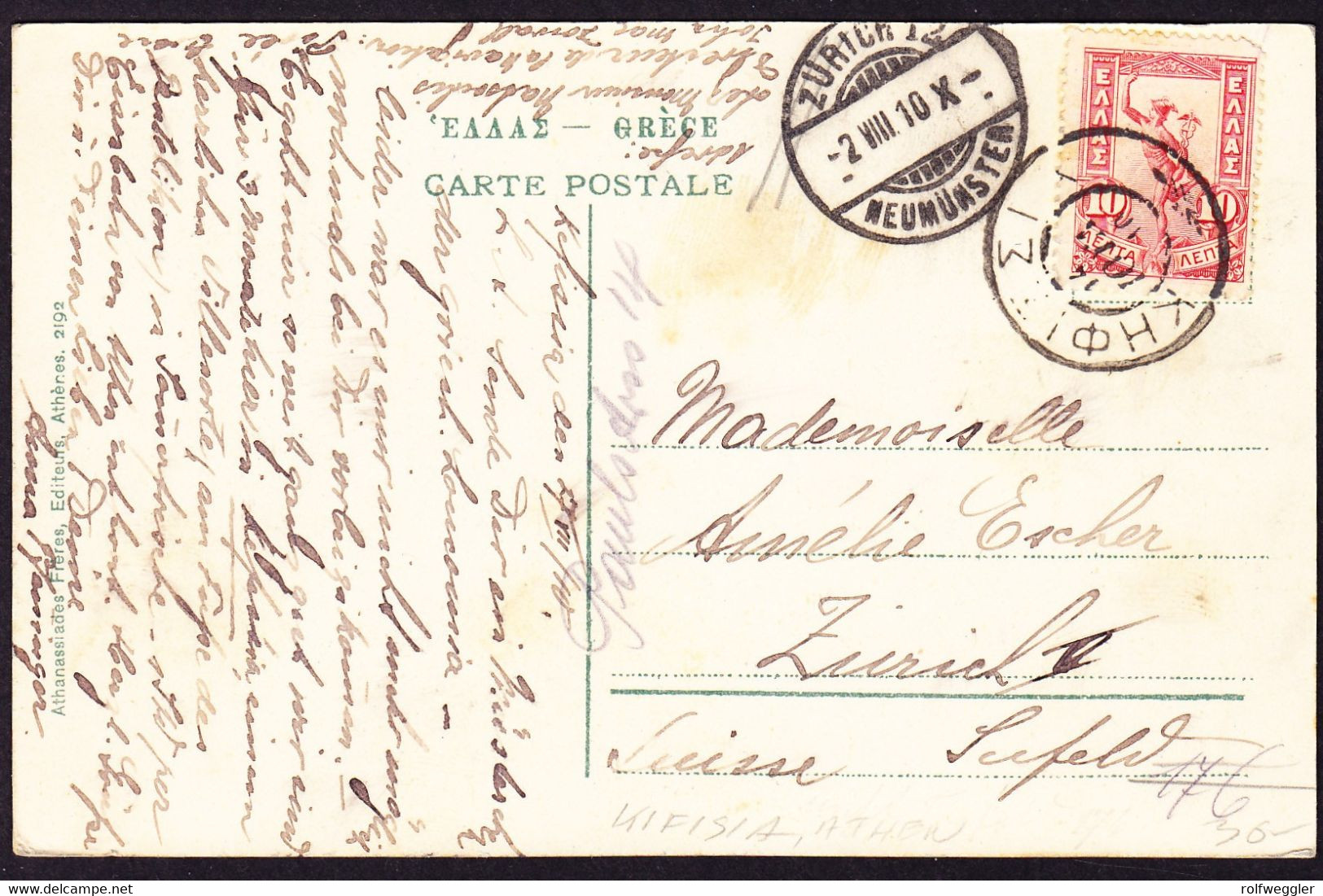 1910 AK (leicht Fleckig) Mit Merkur Marke, Gestempelt Kifisia (in Athen) Nach Zürich Gelaufen. - Lettres & Documents