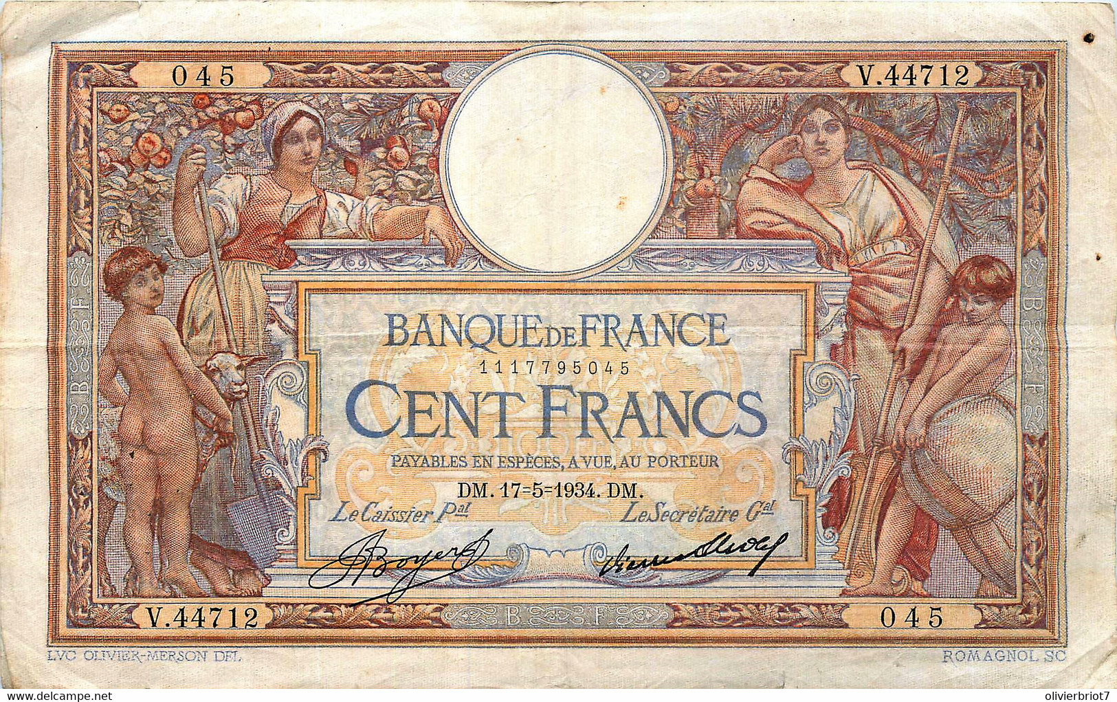 France - Billet 100 Francs LUC OLIVIER MERSON - 15/05/1934 - V44712 - 100 F 1908-1939 ''Luc Olivier Merson''