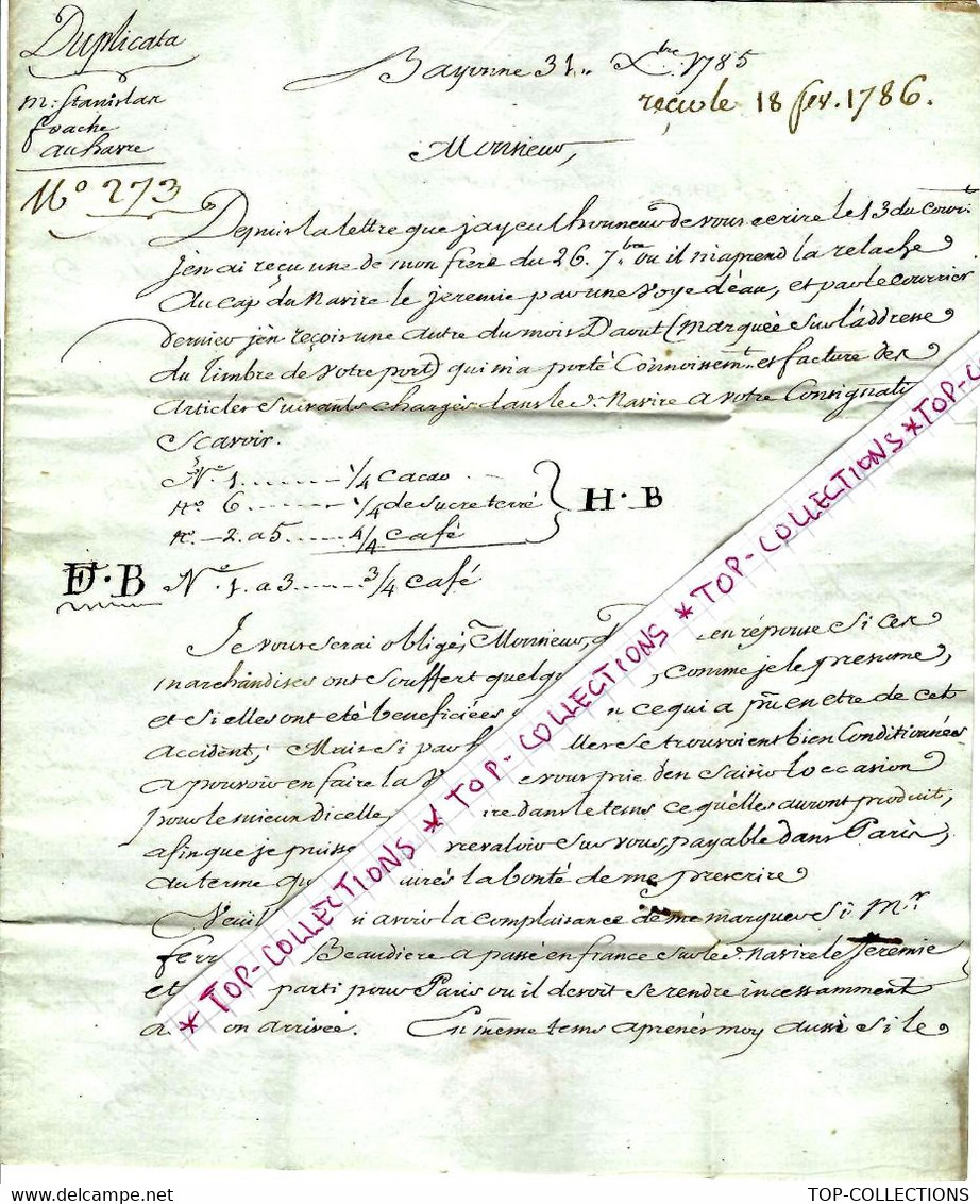 1786 BAYONNE  BOCCALIN NEGOCIANT FOACHE NEGRIER ST DOMINGUE HAITI  Ferrand DE BEAUDIERE MASSACRE POLITIQUE - Documents Historiques