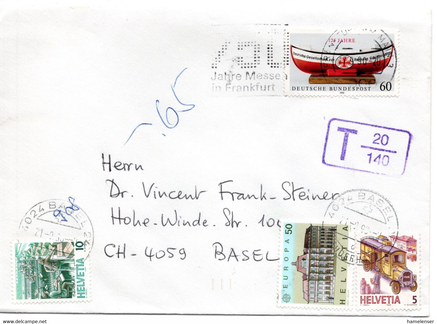 58387 - Schweiz - 1990 - 60Pfg DLRG EF A Unterfr Bf FRANKFURT - ... -> BASEL (Schweiz), M. 65Rp Nachporto - Postage Due