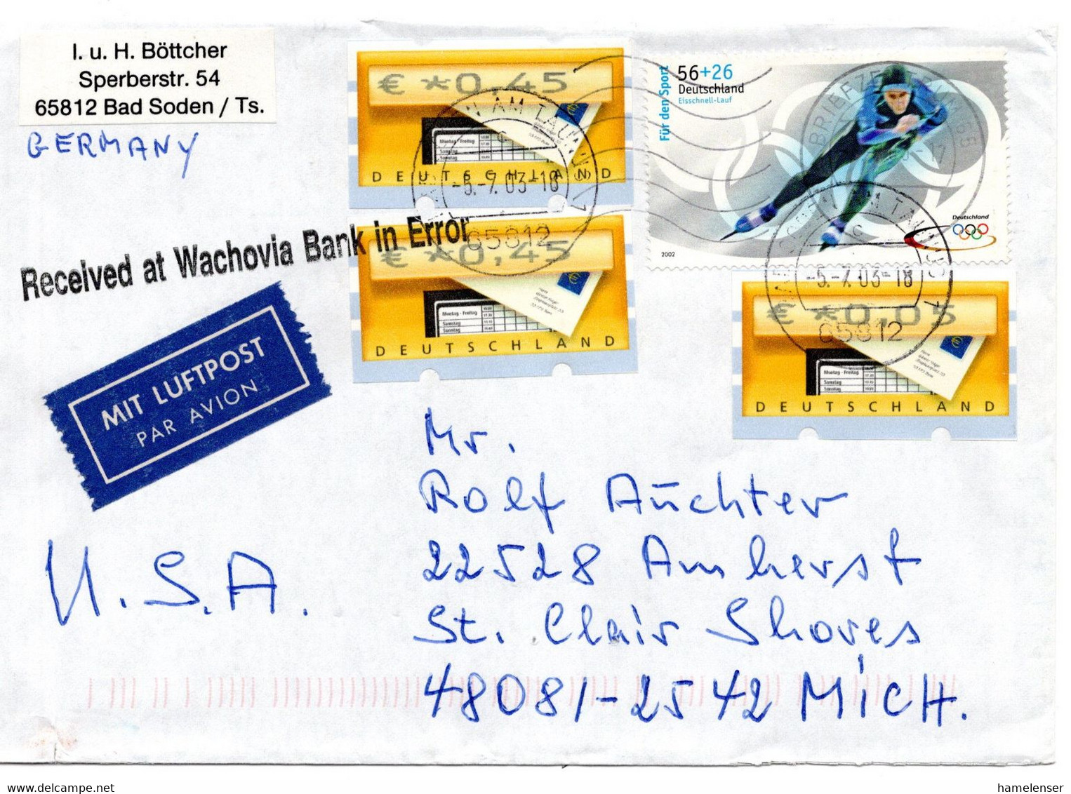 58391 - Bund - 2003 - 56c Winterolympiade '02 MiF A LpBf BAD SODEN -> BRIEFZENTRUM 65 -> St. Clair, MI (USA) - Lettres & Documents