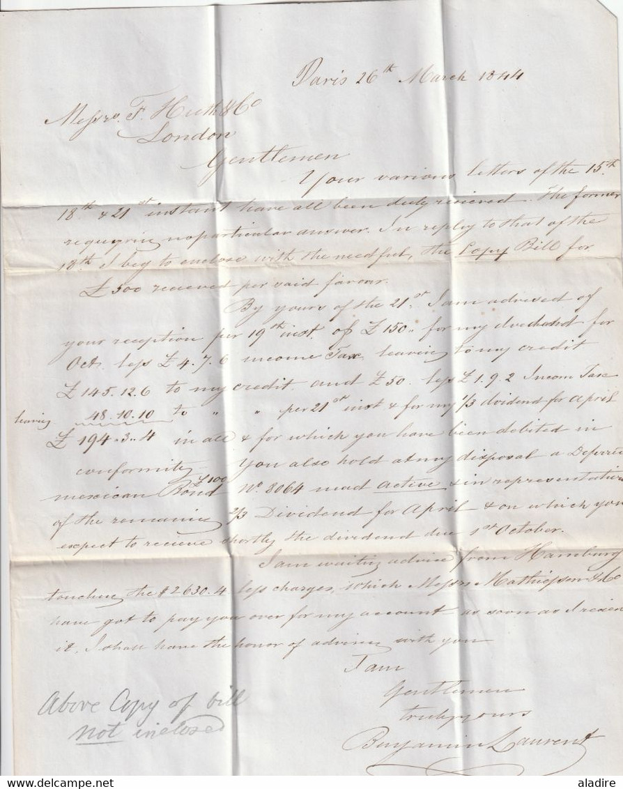 1844 - Lettre pliée avec correspondance en anglais de Paris vers Londres London  - cad arrivée - taxe 10