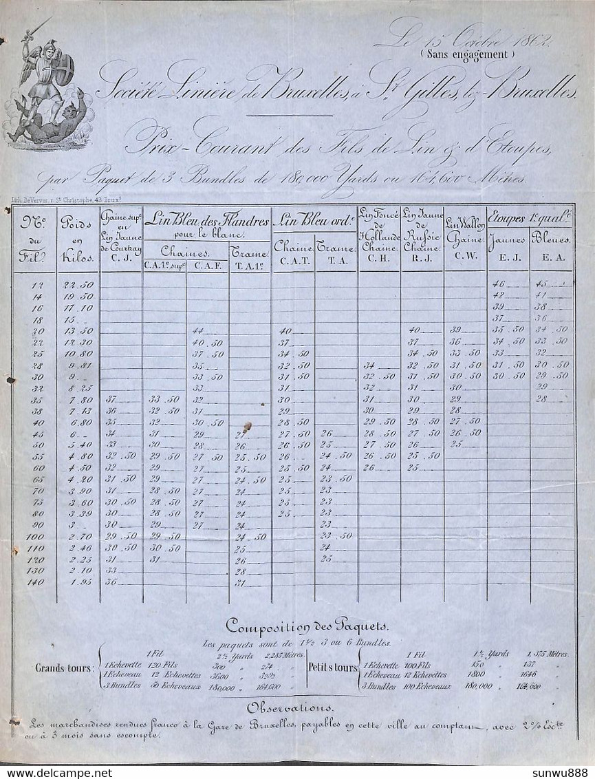 St Gilles 1862 Prix Courant Fils De Lin - Société Linière De Bruxelles Litho - 1800 – 1899