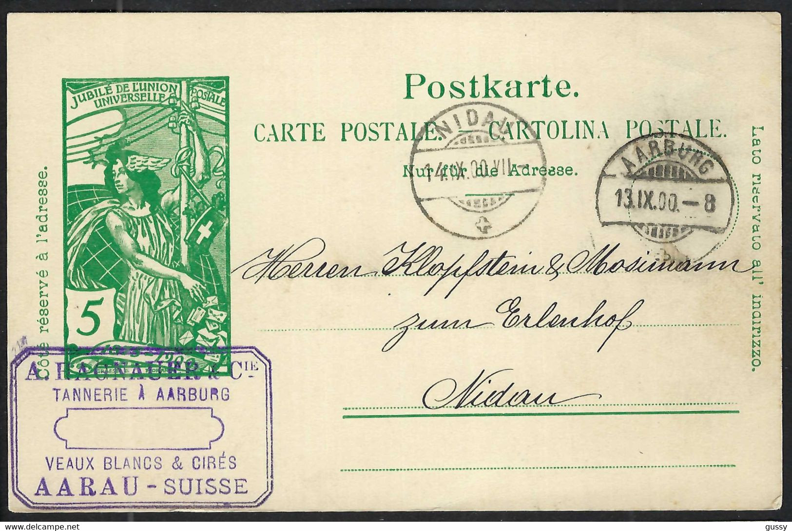 SUISSE 1900: CP Entier De 10c "25ème Anniversaire De L' U.P.U." De Aarburg (AG) à Nidau (BE) Avec CAD - Ganzsachen