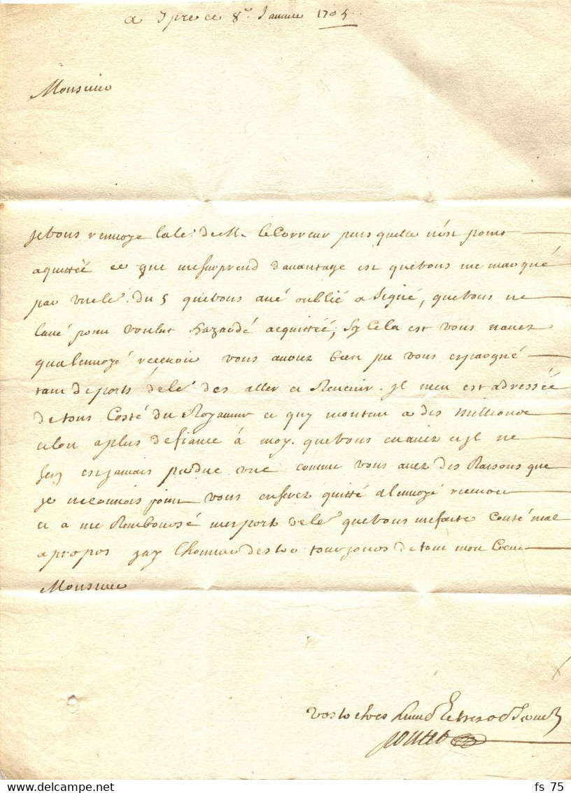 BELGIQUE - D'YPRES MANUSCRIT SUR LETTRE AVEC CORRESPONDANCE, 1704 - 1621-1713 (Spanish Netherlands)