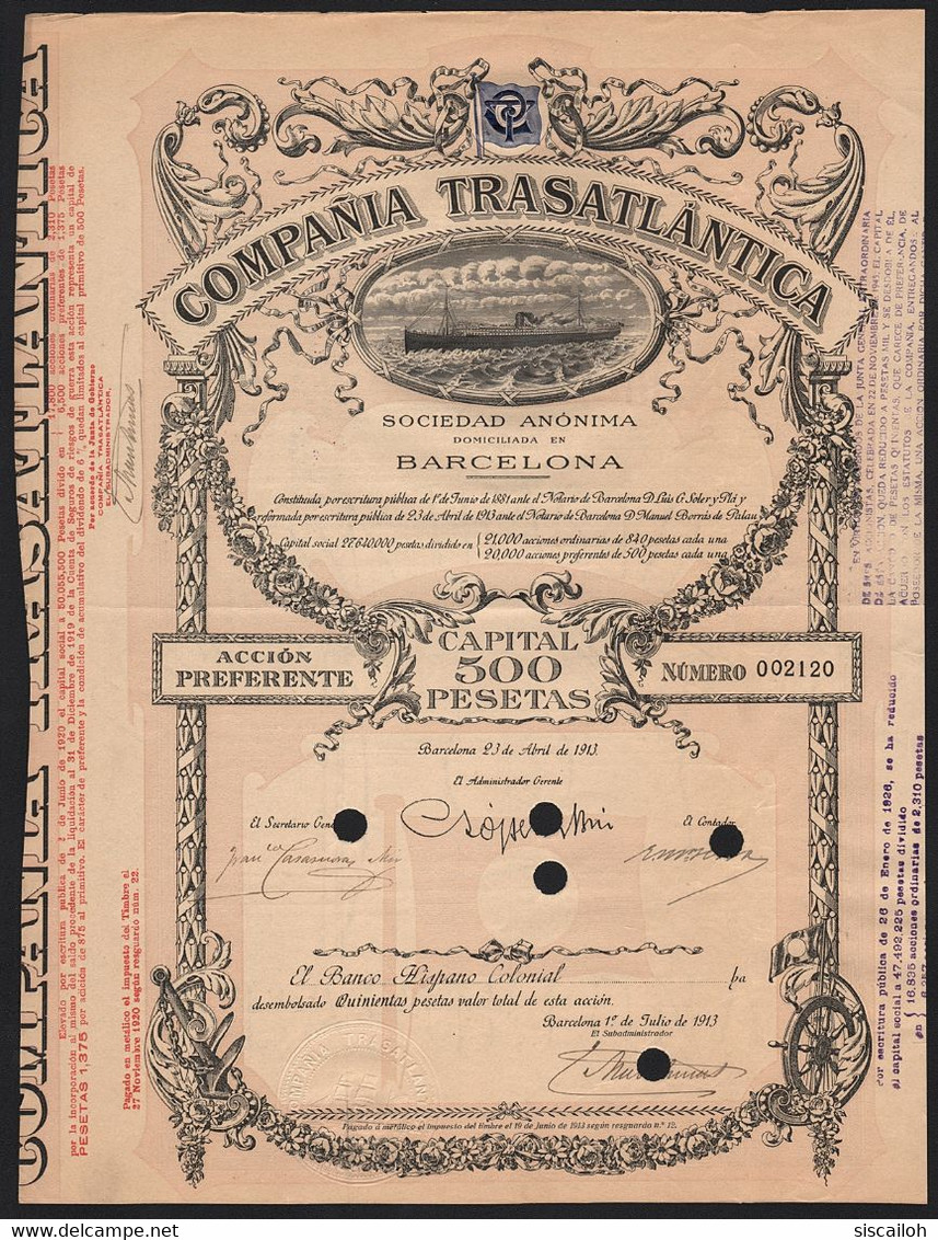 1913 Barcelona, Spain: Compania Transatlantica - Navegación