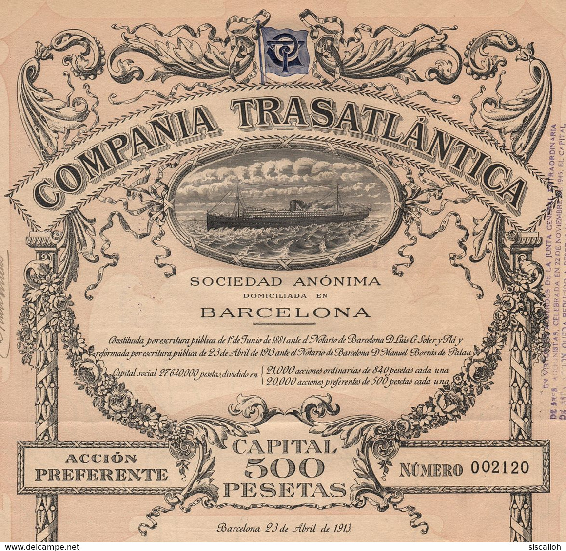 1913 Barcelona, Spain: Compania Transatlantica - Schiffahrt