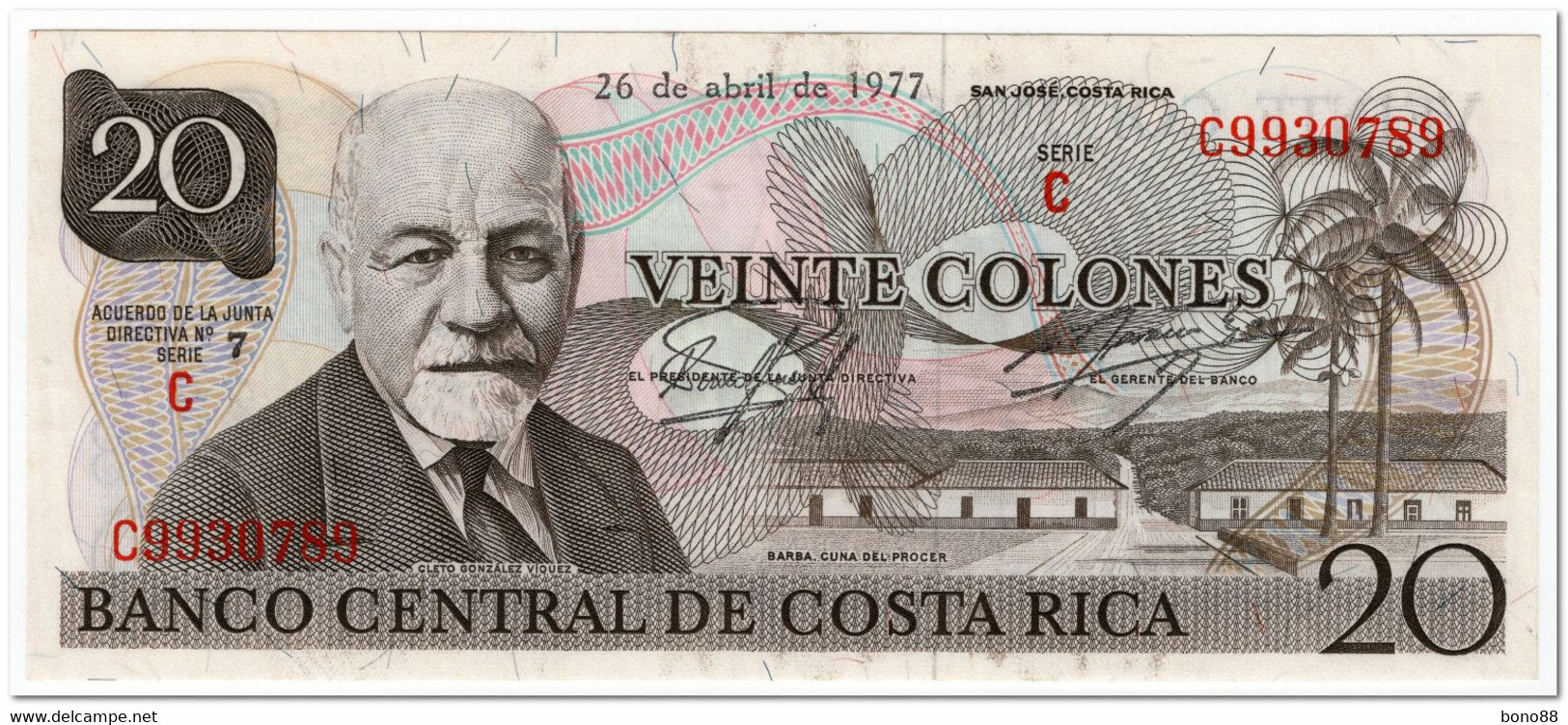 COSTA RICA,20 COLONES,1977,P.238b,XF+ - Costa Rica