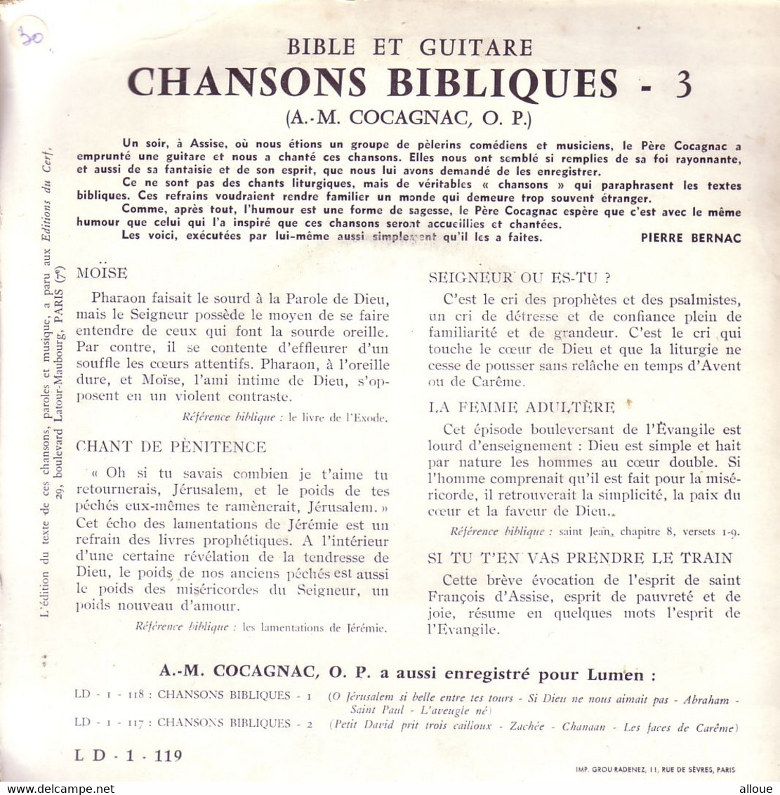 BIBLE ET GUITARE - CHANSONS BIBLIQUES - 3 - (A.-M. COCAGNAC, O. P.) - MOISE + 4 - Chants Gospels Et Religieux