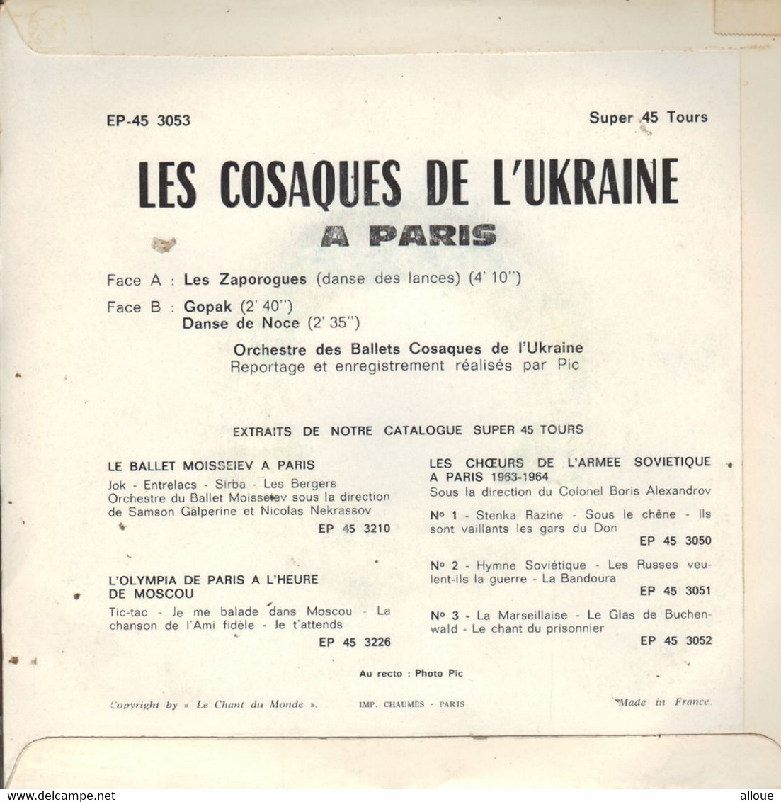 LES COSAQUES DE L'UKRAINE  -  FR EP - LES ZAPOROGUES  + 3 - Wereldmuziek