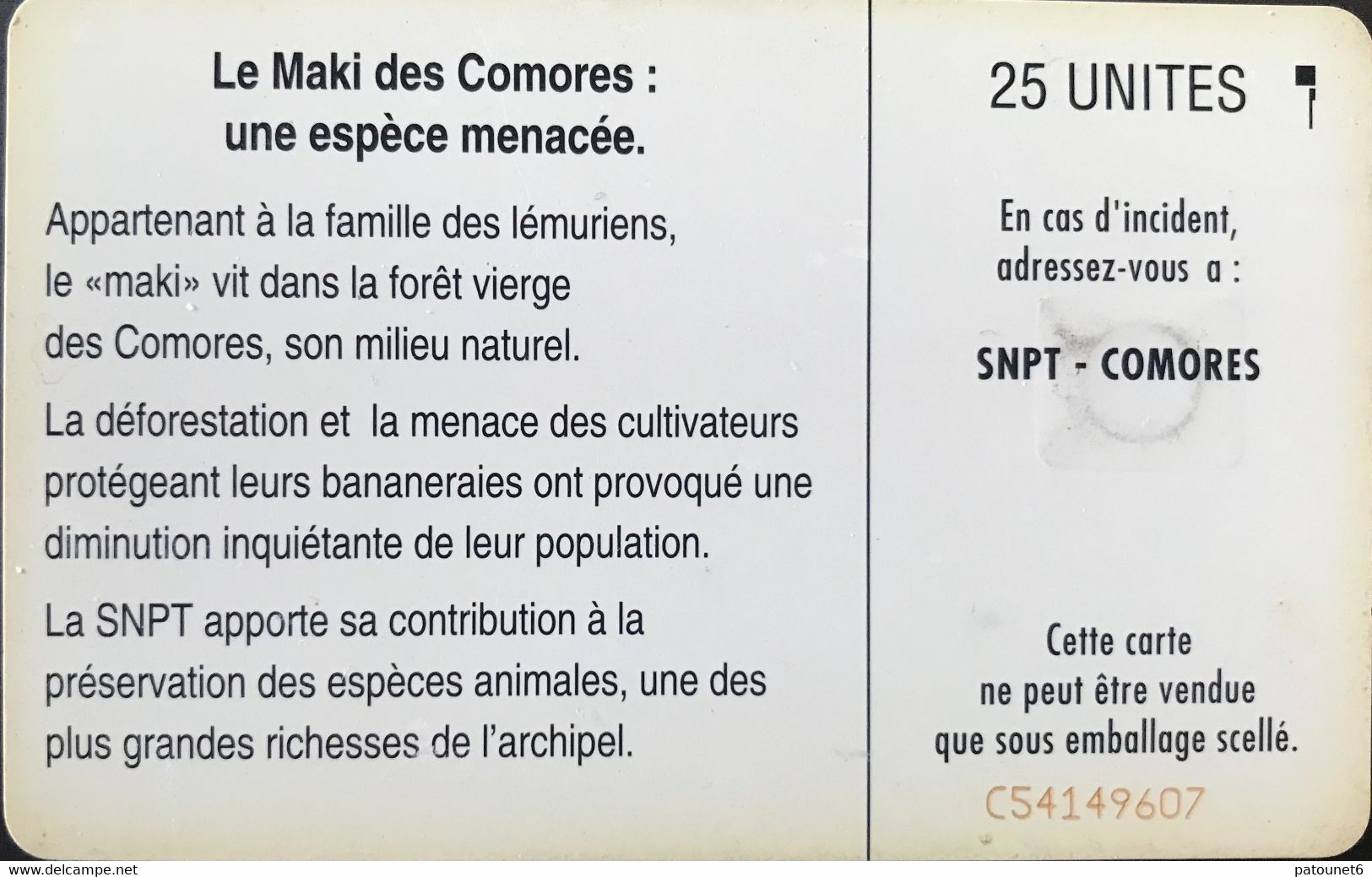 COMORES  -  Phonecard - Maki Des Comores  -  25 Unités - Komoren