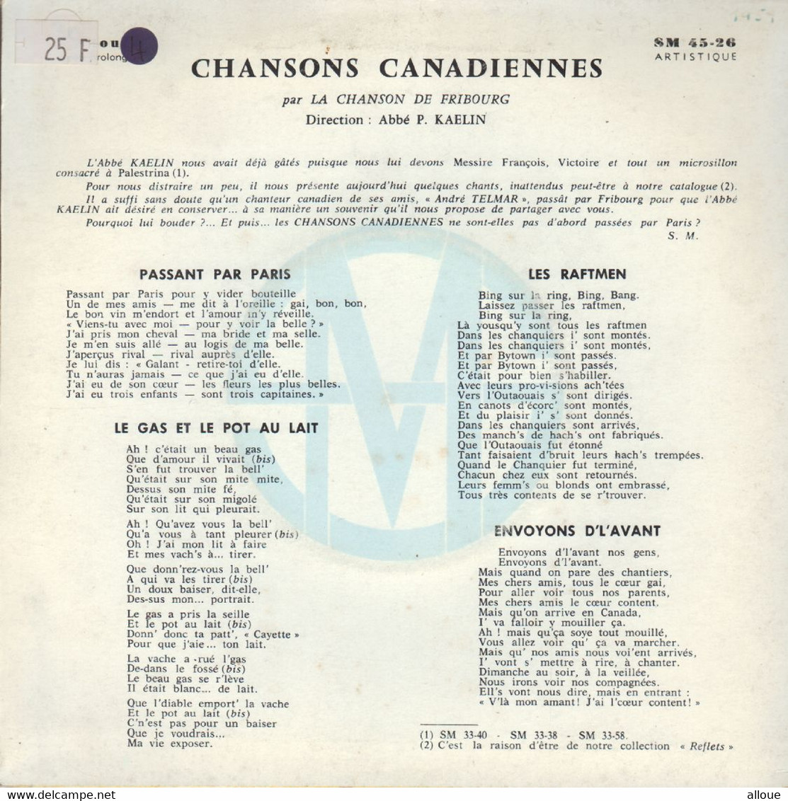 LA CHANSON DE FRIBOURG (CHANSONS CANADIENNES)  -  FR EP - PASSANT PAR PARIS + 3 - Wereldmuziek