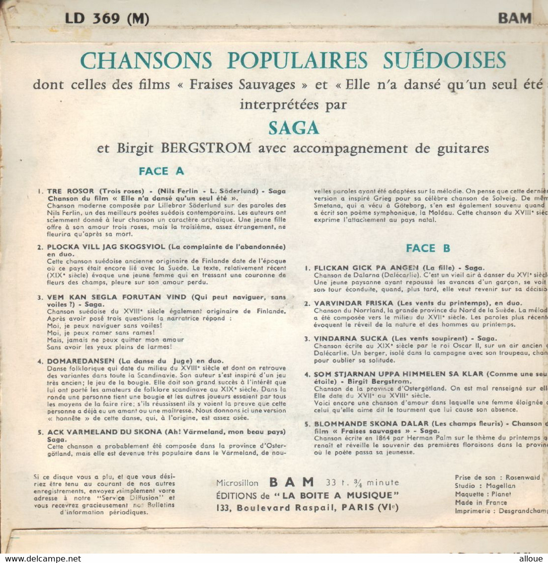 SAGA Et BIRGIT BERGSTROM  -  FR EP - 10 CHANSONS POPULAIRES SUEDOISES DONT CELLES DU FILM "FRAISES SAUVAGES" - Musiche Del Mondo