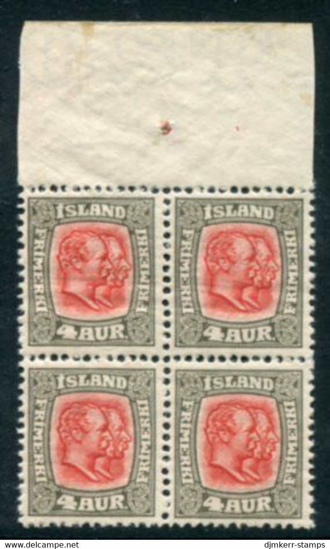 ICELAND 1907 Christian IX And  Frederik VIII 4 A. Block Of 4 MNH / **.   Michel 50 - Neufs