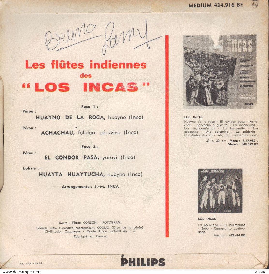 LOS INCAS - FRENCH EP EL CONDOR PASA + 3 - Musiche Del Mondo