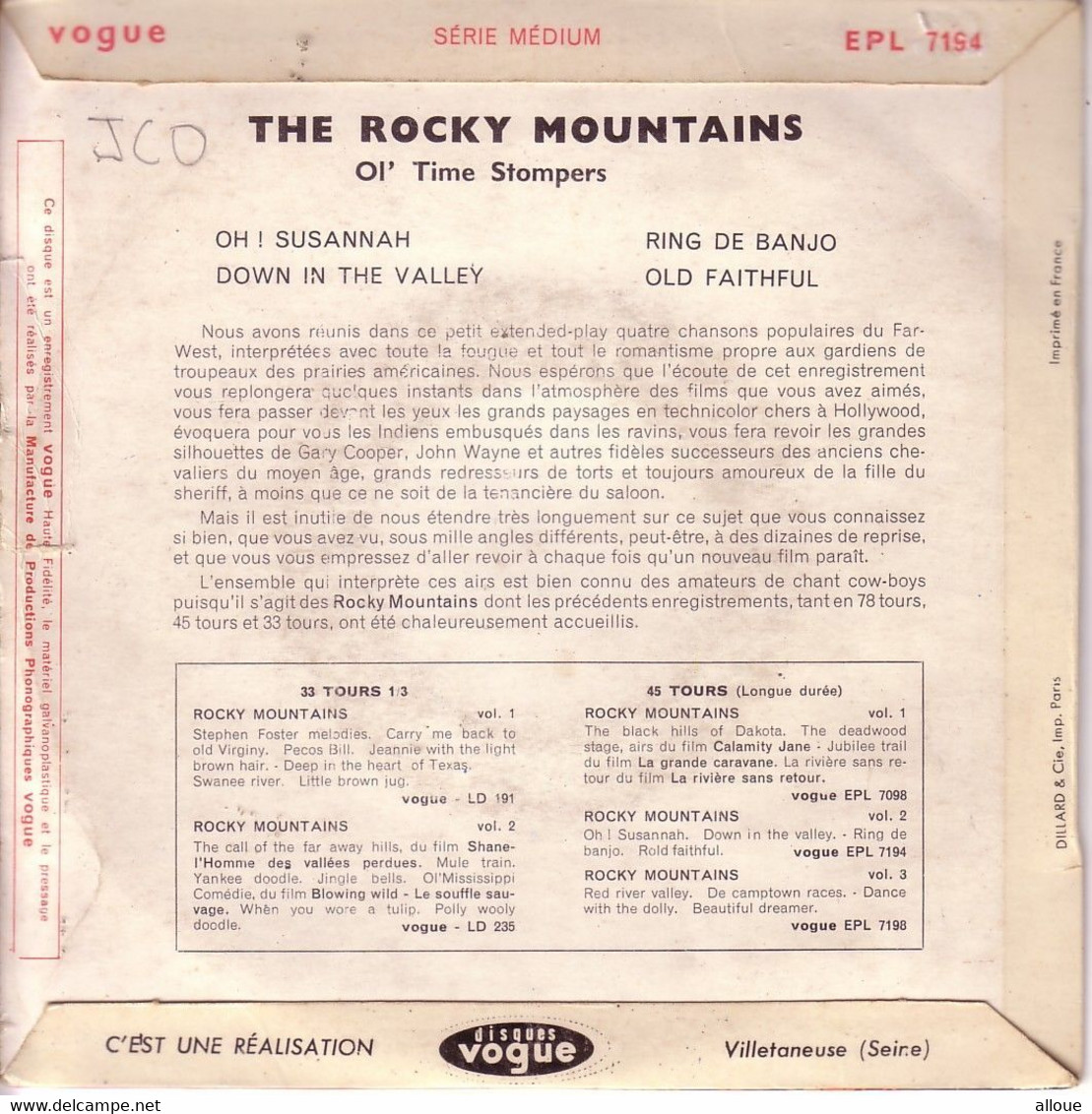 THE ROCKY MOUNTAINS OL' TIME STOMPERS FRENCH EP - OH ! SUSANNAH + 3 - Country Y Folk