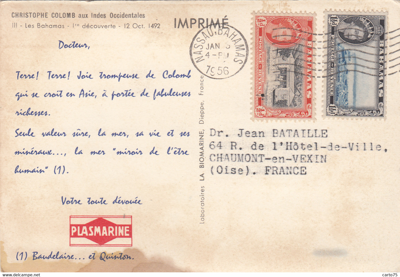 Antilles - Iles Bahamas - Christophe Colomb - Publicité Médecine Plasmarine - Indien - Postmarked 1956 - Bahamas