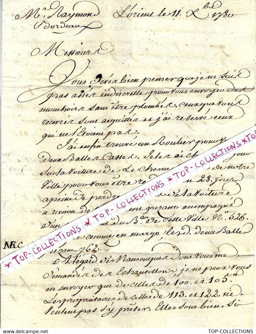 1780 Lorient L’Orient Marchandises Compagnie Des Indes  Henry Le Tellier => Bordeaux Raymond  De Castelnau De Brassac - Documentos Históricos