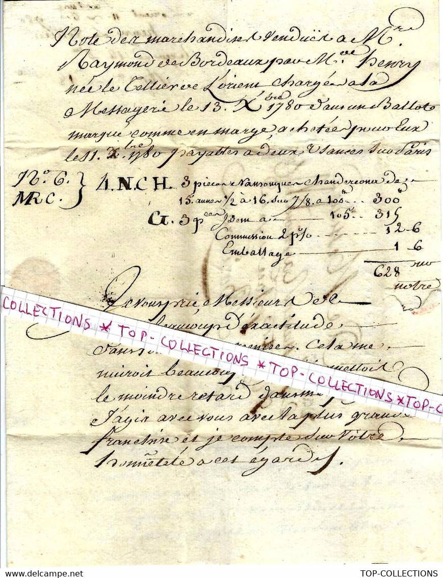 1780 Lorient L’Orient Marchandises Compagnie Des Indes  Henry Le Tellier => Bordeaux Raymond  De Castelnau De Brassac - Documentos Históricos