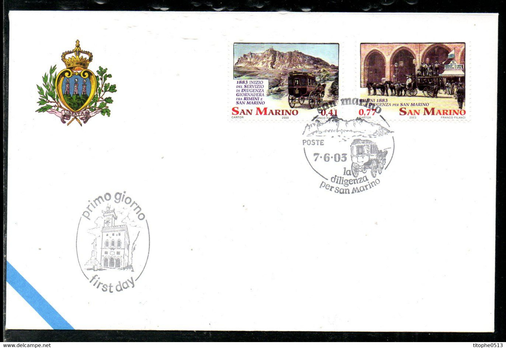 SAINT MARIN. Timbres De 2003 Sur Enveloppe 1er Jour. Diligences Postales. - Diligences