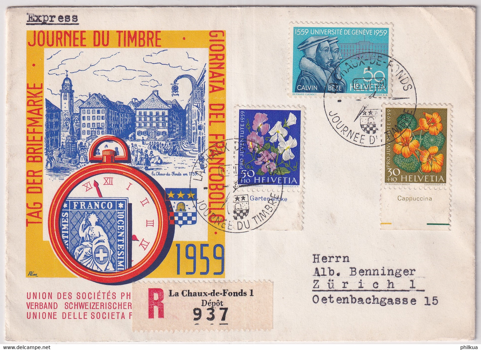 Schweiz - Illustrierter R-Brief  - 1959 Tag Der Briefmarke / Journée Nationale Du Timbre - LA CHAUXDE FONDS - Journée Du Timbre